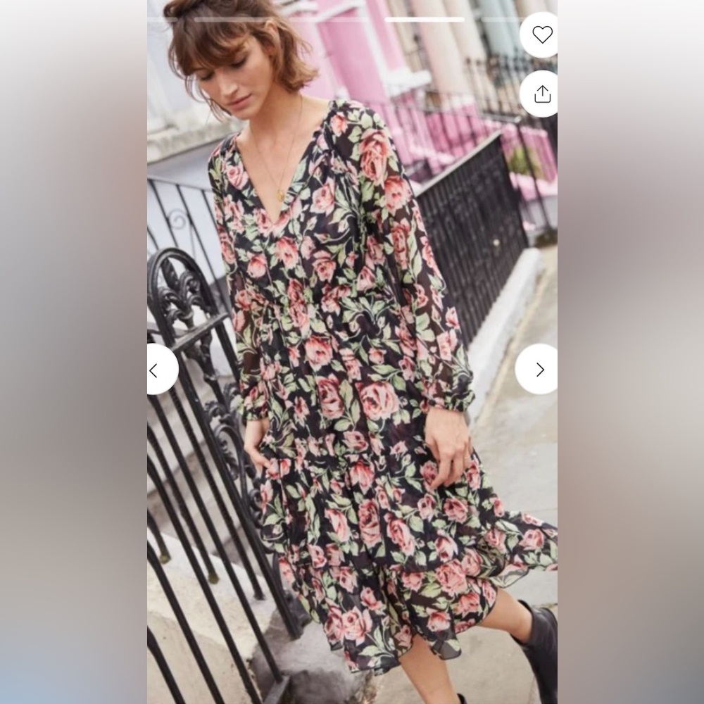 The Kooples 100% Silk Midi Dress With Roses Flowy Ruffled Sz 1= Small - Picture 2 of 16